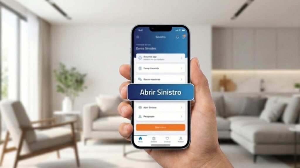 Aplicativo de seguradora aberto no celular para acionar o seguro do carro digitalmente.