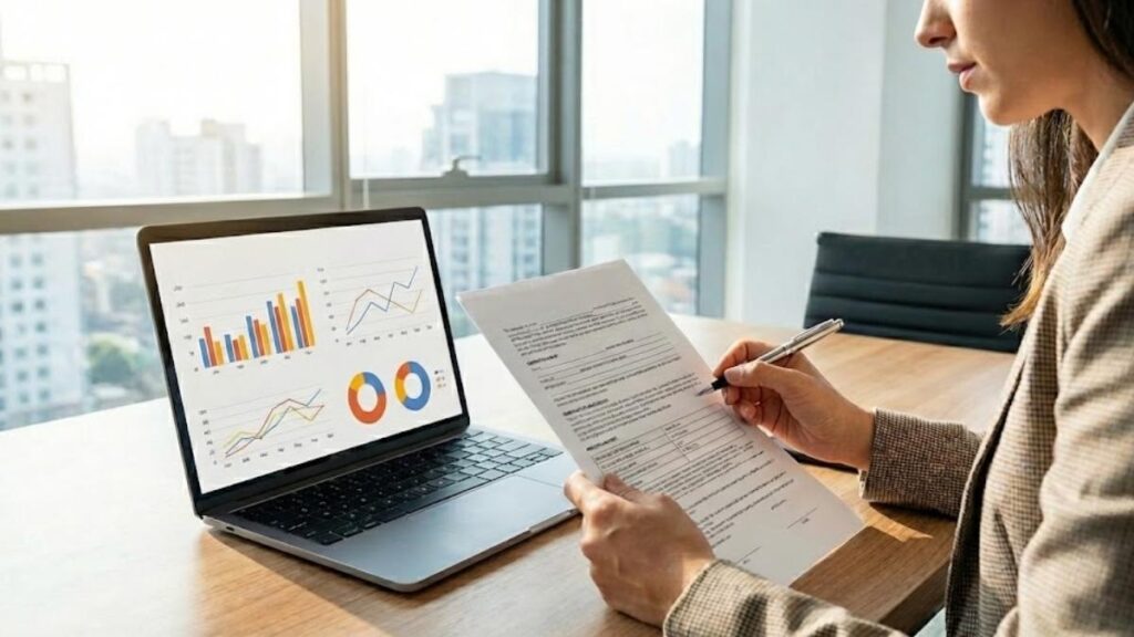 Analista comparando detalhes técnicos para escolher o melhor seguro de carro.