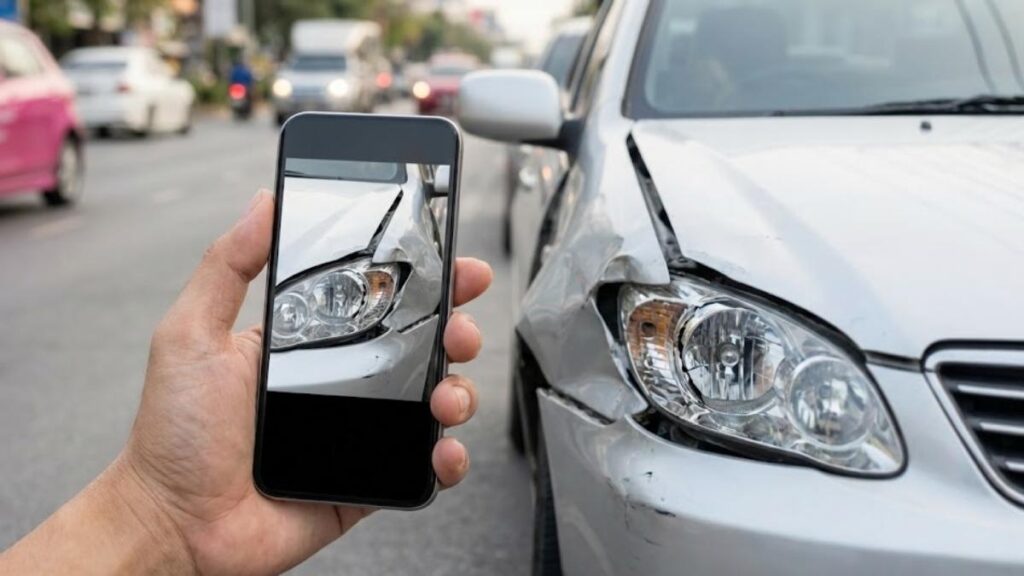 Motorista tirando fotos dos danos do acidente para documentar o ocorrido.