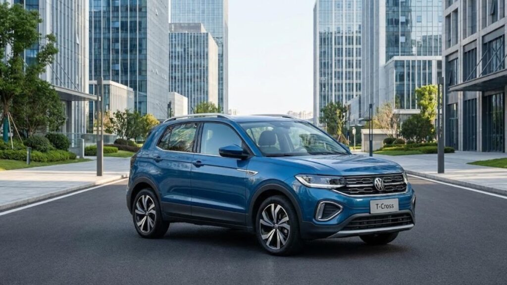 Volkswagen T-Cross azul estacionado em rua moderna, representando o seguro do T-Cross e SUVs tecnológicos em 2026.
