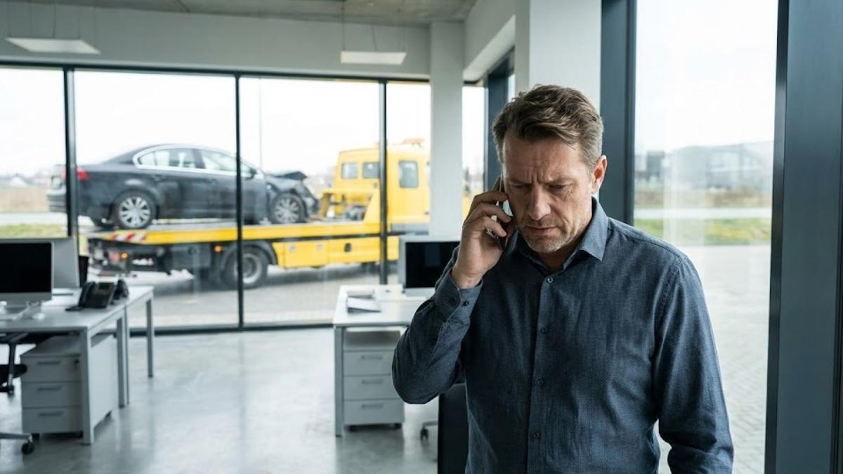 Homem preocupado ao telefone em um escritório, com um guincho transportando um carro batido visível através da janela, ilustrando a tensão ao contratar um seguro após acidente.