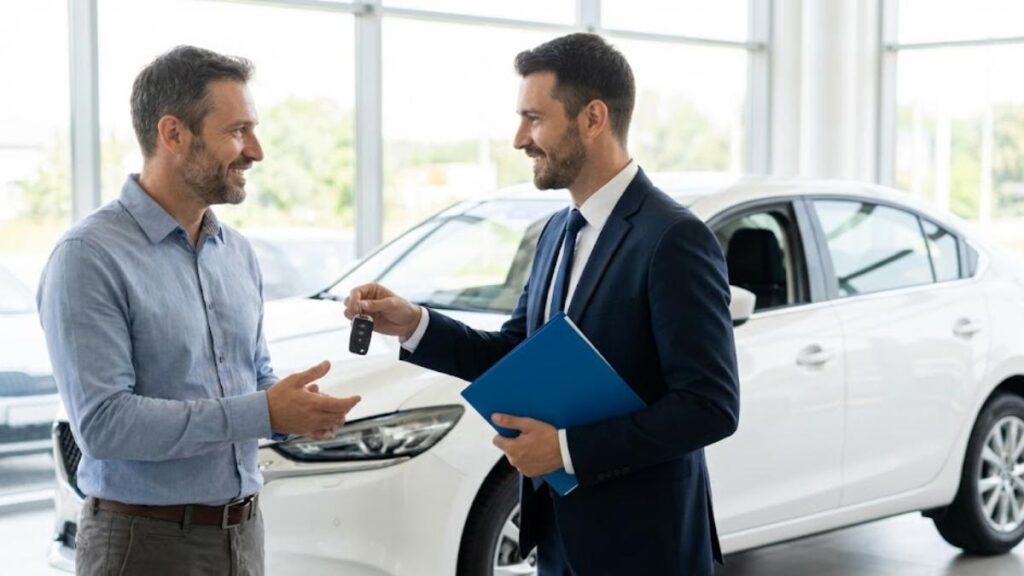 Corretor entregando chaves e apólice ao cliente, representando a substituição de garantia bem-sucedida no seguro após acidente.