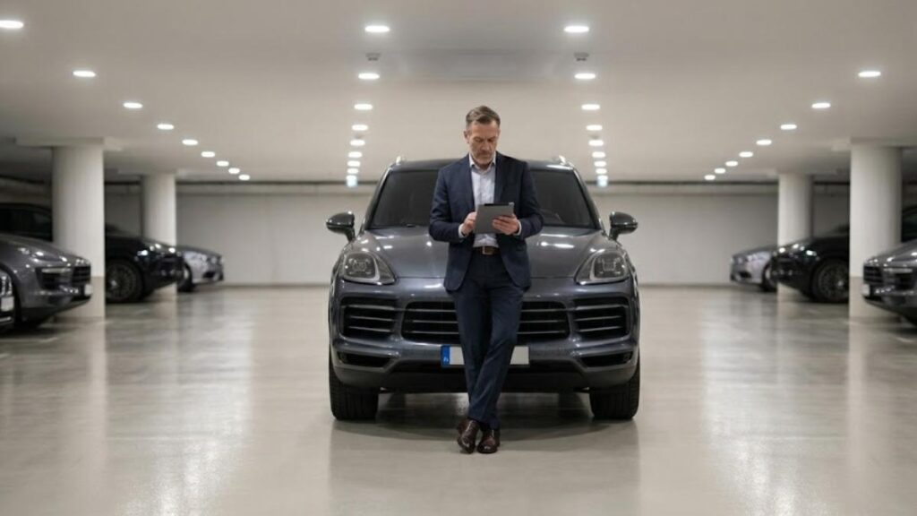 Homem de negócios em garagem moderna verificando tablet ao lado de um SUV Porsche cinza, ilustrando a análise de seguro para carro importado.