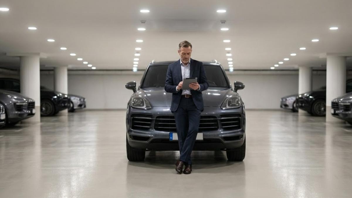 Homem de negócios em garagem moderna verificando tablet ao lado de um SUV Porsche cinza, ilustrando a análise de seguro para carro importado.