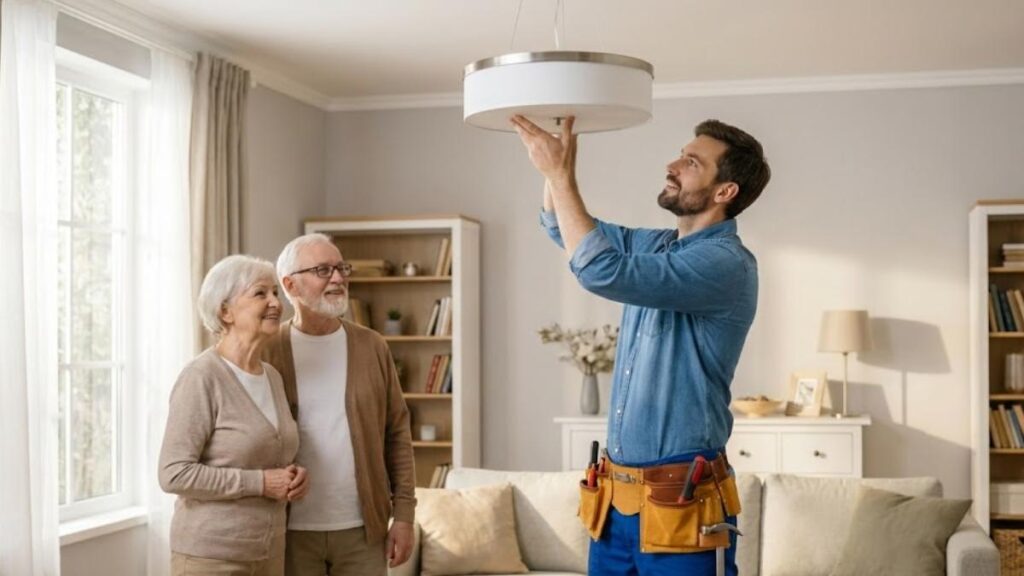 Técnico realizando reparo residencial gratuito, um benefício exclusivo de seguradoras no seguro auto para idosos.