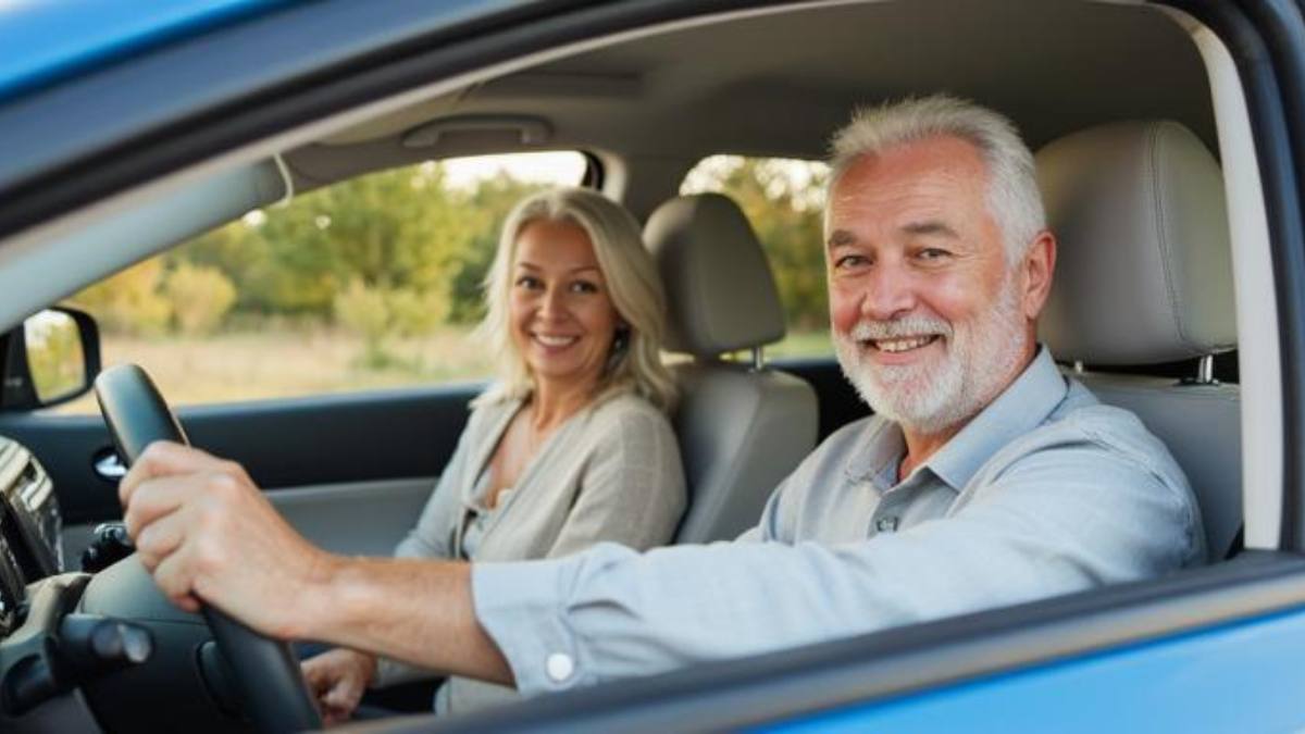 Mulher idosa sorridente segurando as chaves de um carro moderno, representando a segurança ao contratar um seguro auto para idosos.