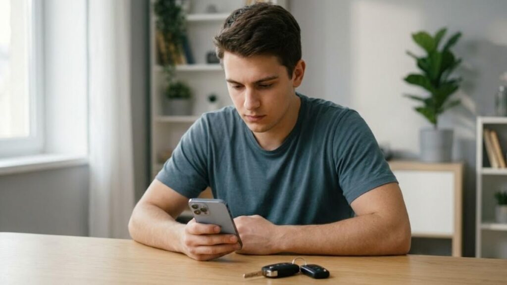 ovem pesquisando e comparando opções de*seguro auto para jovem no smartphone, com foco em economia e planejamento.