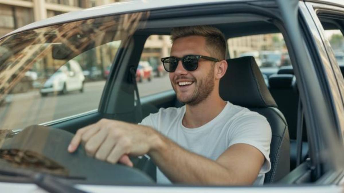 Motorista jovem dirigindo um carro moderno com foco e prudência, representando o perfil de baixo risco.