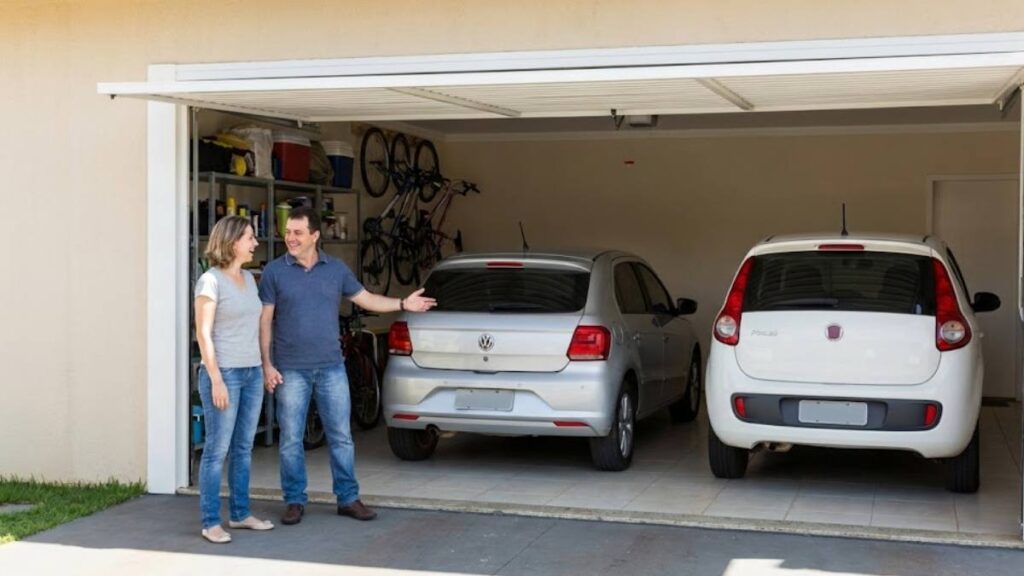 Casal sorridente em uma garagem residencial com dois carros populares estacionados, ilustrando o planejamento do seguro auto para dois carros.