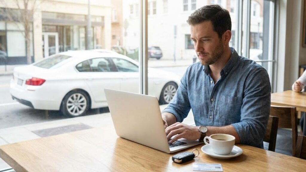 Profissional autônomo trabalhando com tranquilidade, simbolizando a segurança financeira proporcionada pelo seguro auto para autônomos.