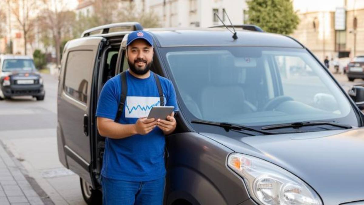 Homem sorridente com uniforme azul e tablet em mãos ao lado de um veículo utilitário cinza, representando o uso de seguro auto para MEI e autônomos.