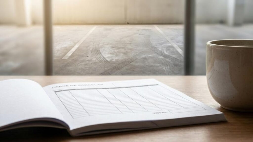 Carnê de financiamento em primeiro plano com garagem vazia ao fundo, representando o risco de pagar por um carro roubado sem ter o seguro para carro financiado.