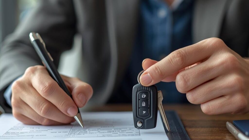 Close de mãos assinando um contrato de financiamento e segurando a chave de um veículo, ilustrando a decisão de contratar o seguro para carro financiado