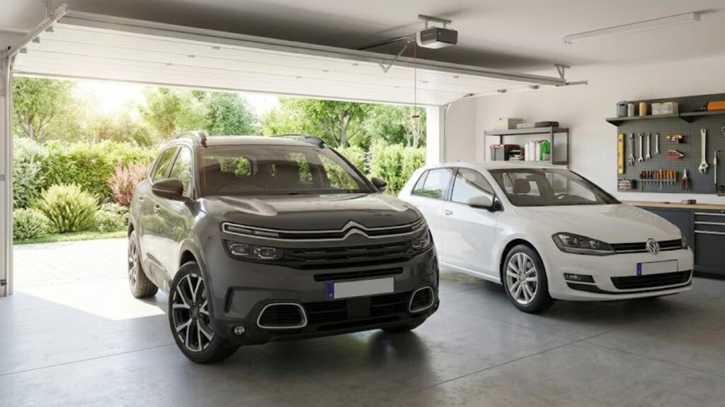 Dois veículos estacionados em garagem residencial, representando a estratégia de unificar o seguro auto para dois carros na mesma seguradora.