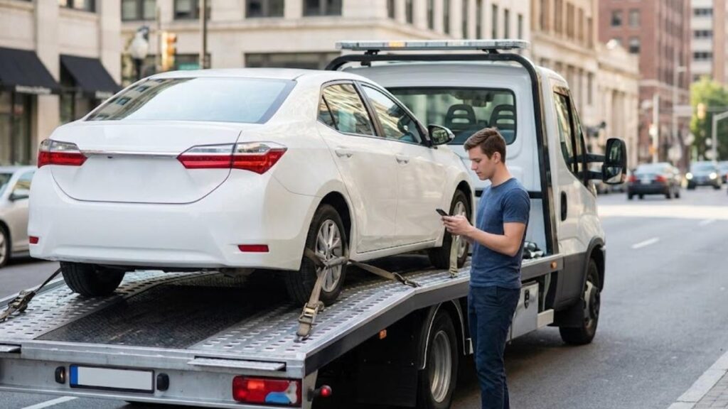 Guincho de assistência 24h socorrendo motorista de aplicativo em via urbana, ilustrando a importância das coberturas adicionais.