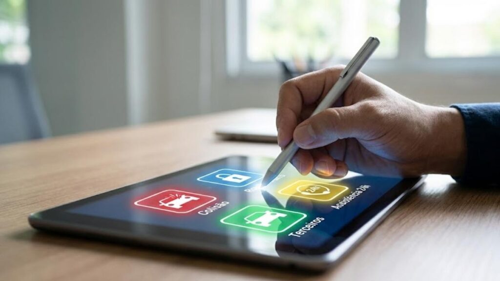 Ícones representando diferentes tipos de cobertura de seguro (roubo, colisão, terceiros) em uma tela de tablet, com uma mão selecionando uma opção.