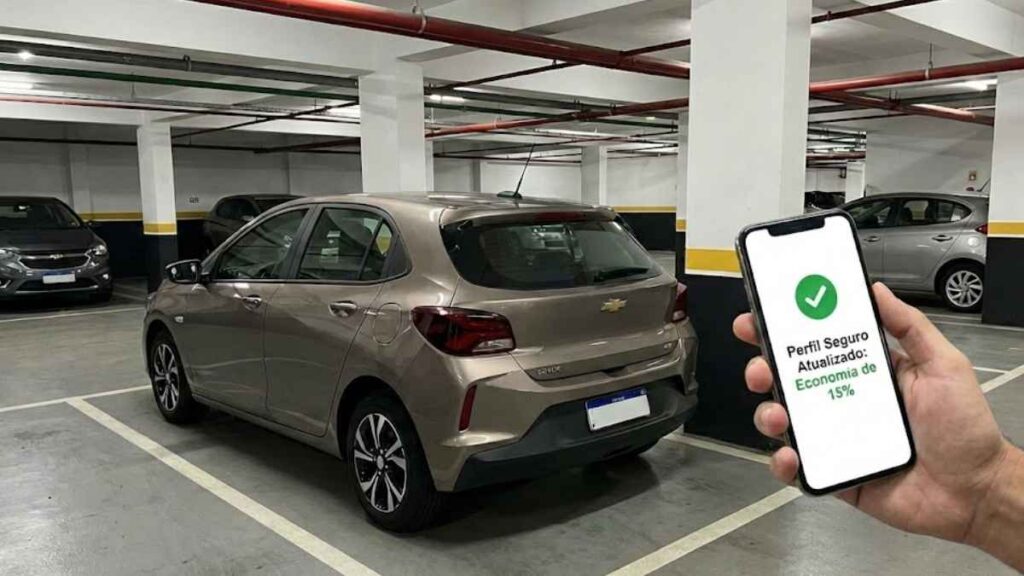 "Chevrolet Onix estacionado em uma garagem coberta em São Paulo, com um smartphone em destaque exibindo uma mensagem de 15% de economia no seguro auto em São Paulo após atualização de perfil.