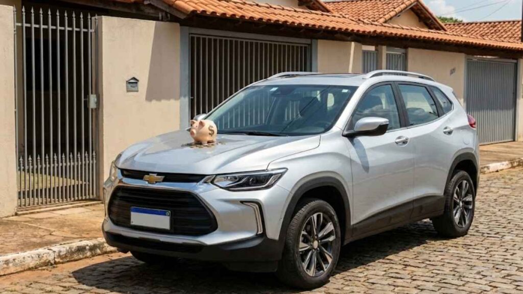 Chevrolet Tracker prata estacionado em uma rua brasileira com um cofrinho de moedas sobre o capô, simbolizando economia no seguro do Chevrolet Tracker.