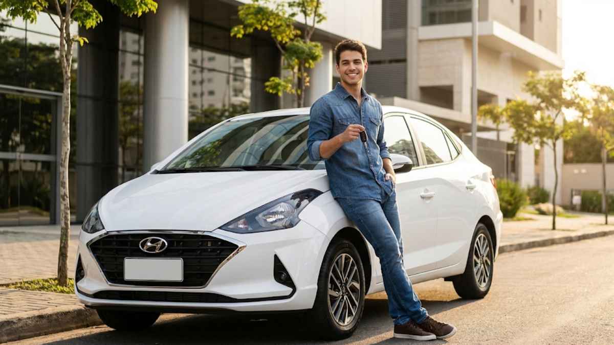 Jovem encostado no carro com as chaves na mão, mostrando que conseguiu fechar um seguro do hb20 para jovem