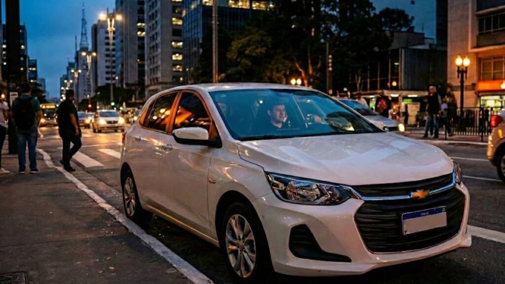 Motorista dirigindo um Chevrolet Onix hatch branco à noite em cidade movimentada, ilustrando o tema de Seguro do Onix para Uber.
