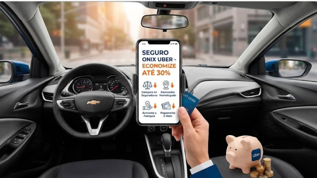 Interior de Chevrolet Onix com motorista segurando smartphone que exibe infográfico com dicas para economizar no seguro do Onix para Uber, ao lado de um cofrinho da Uber e moedas.