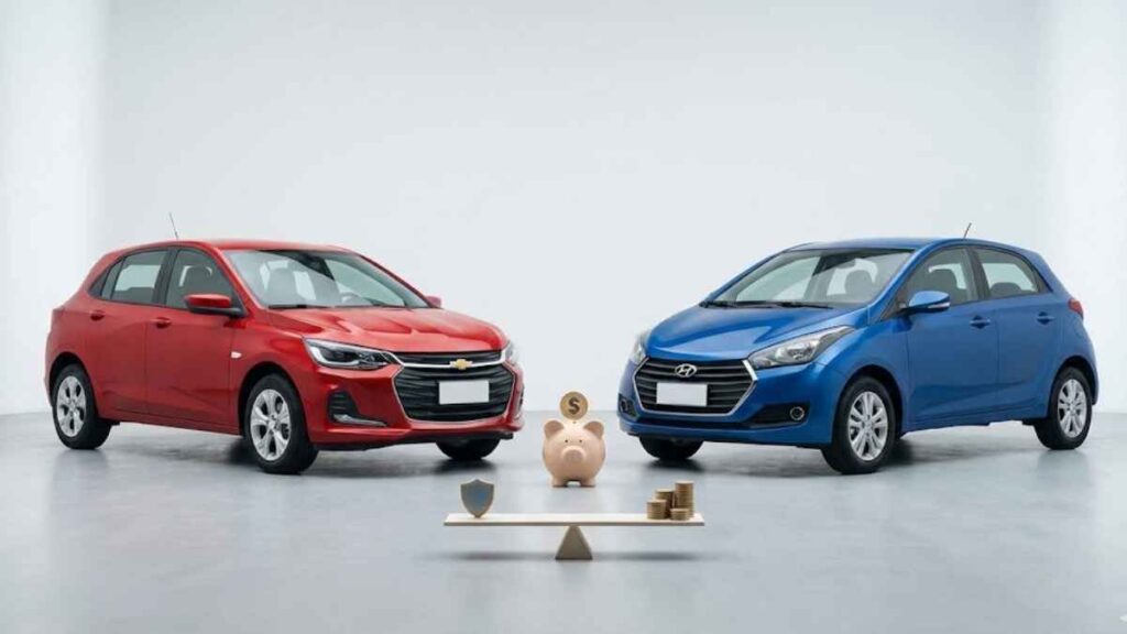 Um Chevrolet Onix vermelho e um Hyundai HB20 azul posicionados lado a lado em um estúdio branco, com um cofrinho e uma balança de moedas entre eles, simbolizando a comparação de preços para o seguro onix ou hb20.