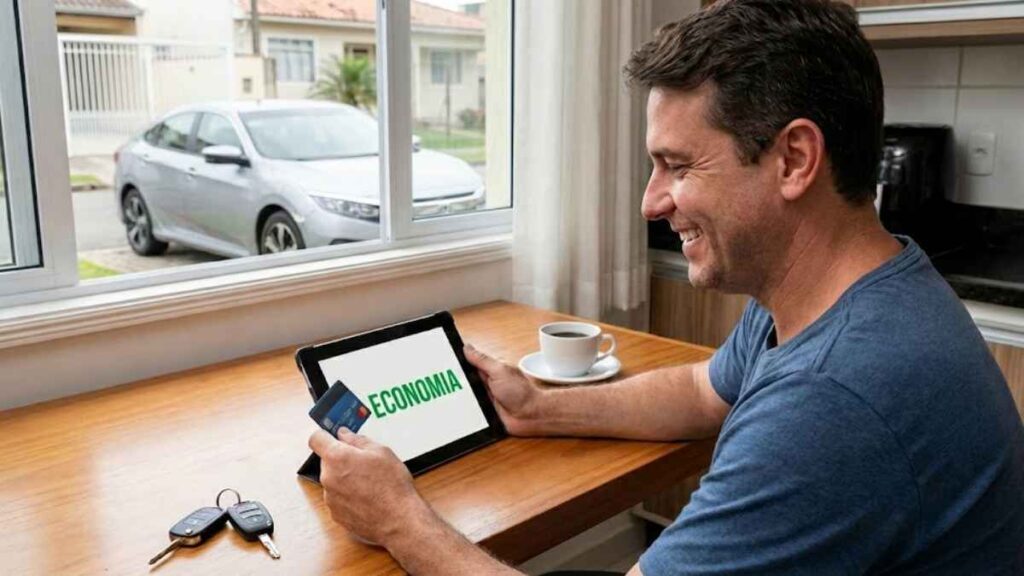 Homem sorrindo ao ver a economia no tablet após fechar negócio, com um Honda Civic prata estacionado ao fundo, ilustrando a melhor escolha entre o seguro corolla ou civic.