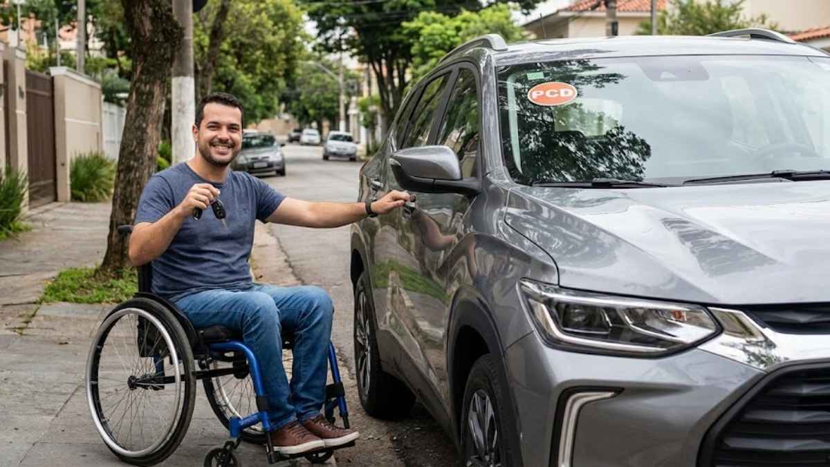Homem cadeirante sorrindo e segurando as chaves de um SUV cinza com adesivo PCD no para-brisa, ilustrando o tema de seguro auto para PCD.