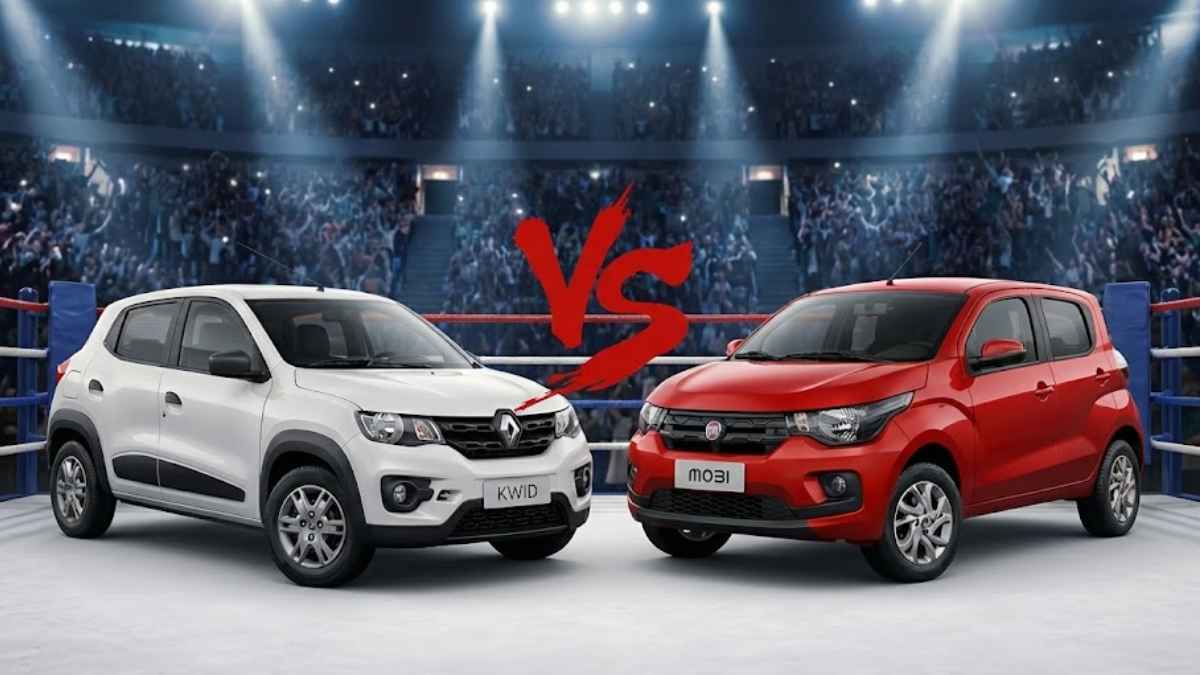 Comparativo visual entre um Renault Kwid branco e um Fiat Mobi vermelho em um ringue de boxe, com um grande "VS" vermelho no meio, ilustrando a disputa e a busca por informações sobre o seguro do kwid ou mobi. O cenário é uma arena com público e luzes.