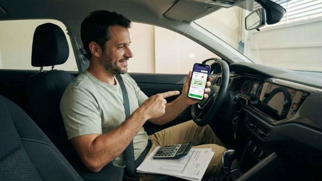 Homem sorridente sentado no banco do motorista apontando para a tela do celular com uma cotação mais barata e segurando uma calculadora, ilustrando as melhores formas de economizar no seguro do nivus.