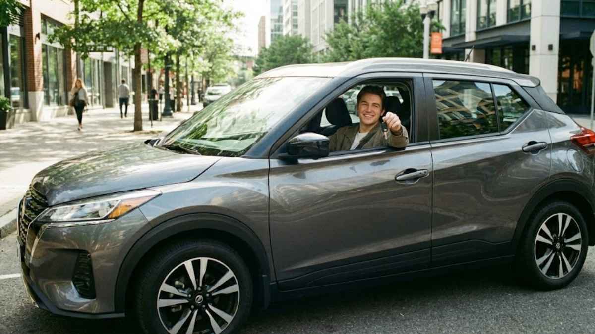 Jovem motorista sorrindo dentro de um Nissan Kicks cinza chumbo e segurando a chave do veículo, ilustrando o tema de Seguro Nissan Kicks para jovem.