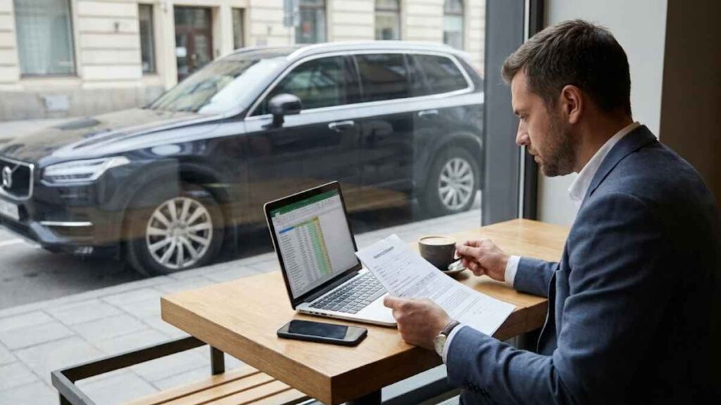 Homem em traje executivo analisando planilhas e documentos em um café, com um SUV Volvo estacionado ao fundo, ilustrando a economia na contratação do seguro para carro blindado.