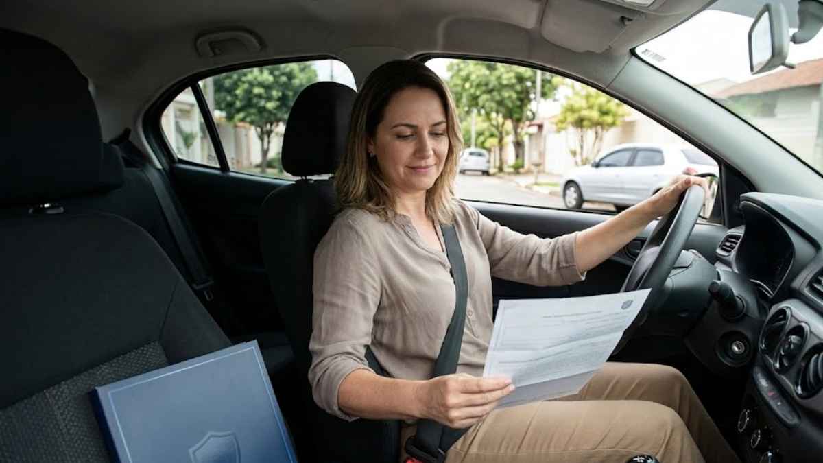 Uma motorista sorridente sentada no carro revisando a apólice para conferir sua classe de bônus seguro auto, com uma pasta de documentos de seguros ao lado.