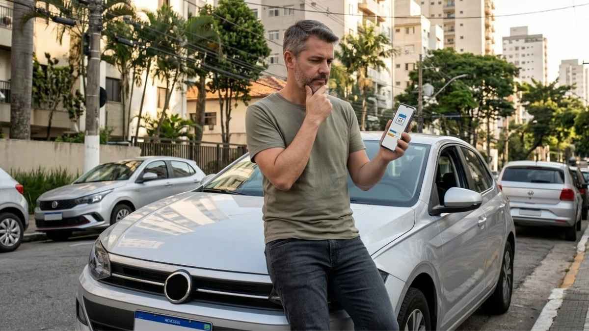 Um homem pensativo de camisa verde encostado em um carro prata examinando o seu celular, analisando as opções de um seguro auto mensal para o seu veículo.
