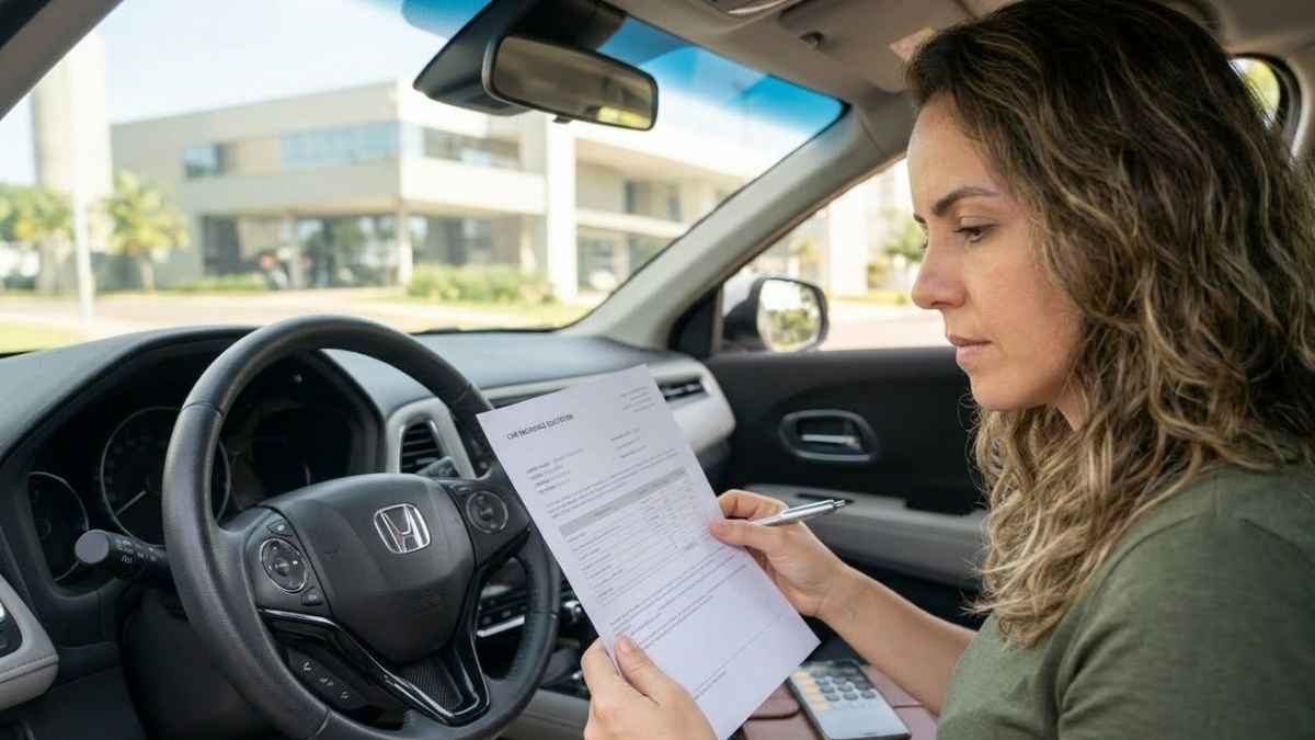 ulher de cabelos cacheados sentada no banco do motorista de um carro Honda, examinando com cuidado uma apólice ou formulário de seguro, o que ilustra a importância de escolher o melhor seguro auto para mulher.