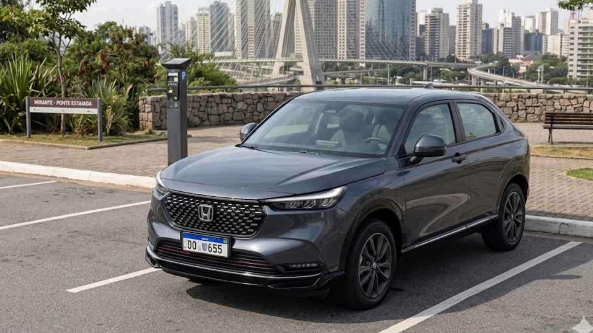 Honda HR-V cinza estacionado em São Paulo com a Ponte Estaiada ao fundo, protegido pelo Seguro do Honda HR-V.