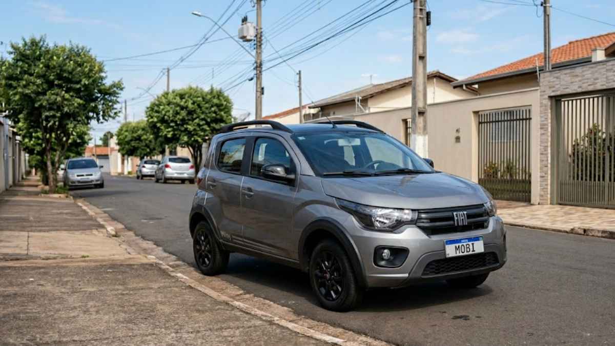 Uma foto de um Fiat Mobi Trekking cinza em uma rua residencial de Porto Ferreira, destacando a necessidade de seguro do fiat mobi.