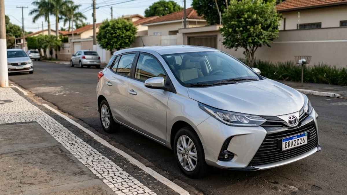 Toyota Yaris prata estacionado em uma rua residencial brasileira, exemplificando a importância do seguro do toyota yaris.