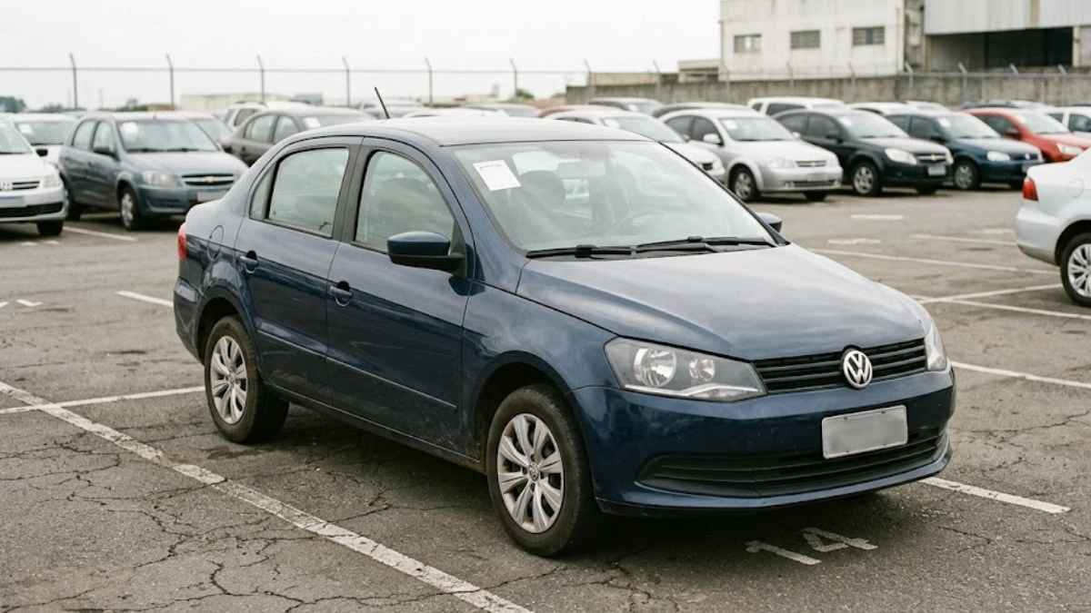 Pátio com diversos veículos e um carro azul em destaque, ilustrando a contratação de seguro para carro de leilão.