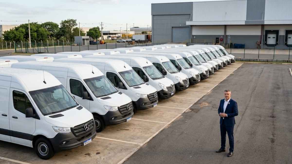 Visão elevada de um empresário de terno azul ao lado de uma grande frota de furgões brancos em um pátio logístico, destacando o Seguro auto para empresas.