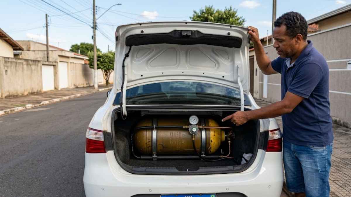 Um homem em uma rua residencial ao lado de um sedã branco com porta-malas aberto, onde um cilindro de GNV amarelo é proeminente, ilustrando a necessidade de Seguro para carro com GNV.